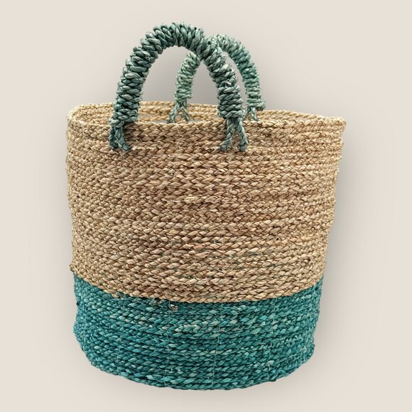 Woven Seagrass 10 in Basket With Handles Natural and Teal Two-Tone Boho Design - Picture 4 of 6